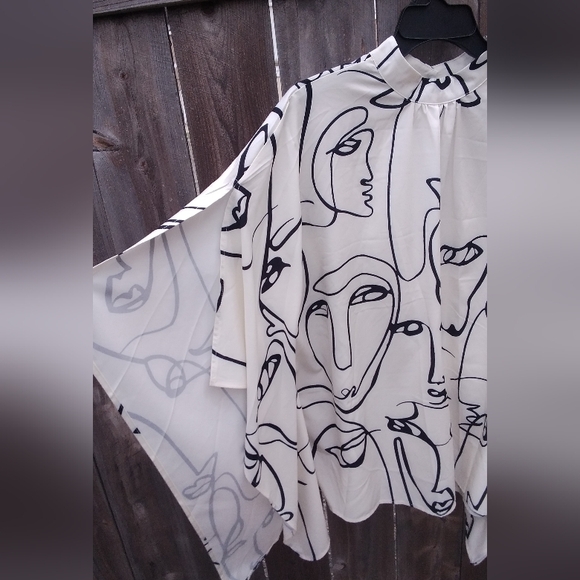 Womens Plus 3X Blouse Kimono Top Shirt Silky Pullover Faces Print - Picture 2 of 5
